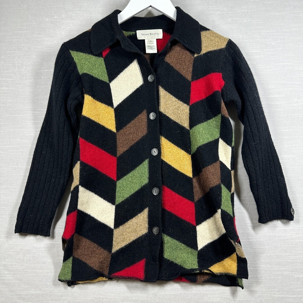 VINTAGE Susan Bristol Sweater Womans Small Black Lambswool Color Block Granny